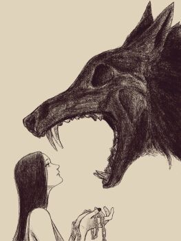 animal black_hair chain fangs highres long_hair looking_at_animal looking_to_the_side open_mouth original oversized_animal solo tp_p_pt white_background wolf