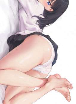 1girl artist_name ass bare_legs barefoot bed_sheet black_hair black_skirt blue_eyes blush breasts character_request check_character check_copyright closed_mouth copyright_request crossed_ankles feet feet_out_of_frame feet_up genso gridman_universe highres lace lace_panties legs long_hair long_sleeves looking_at_viewer lying medium_breasts miniskirt on_stomach panties shirt sideways simple_background skirt solo ssss.gridman takarada_rikka the_pose toenails toes twitter_username underwear watermark white_background white_panties white_shirt