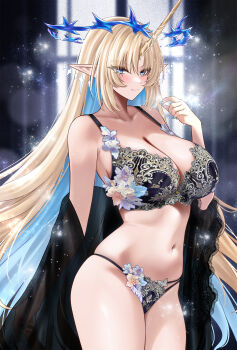 1girl absurdres bare_shoulders black_bra black_panties black_robe blonde_hair blue_eyes blue_hair blue_nails blush bra breasts cleavage closed_mouth clothes_down collarbone commentary cowboy_shot crown_of_thorns earrings fingernails fleurdelys_(wuthering_waves) floating_earrings hand_up highres horns huge_breasts jewelry long_hair long_horns m_(1n910) nail_polish navel open_clothes open_robe panties pointy_ears robe sample_watermark sidelocks single_horn smile solo stomach tachi-e thighs twitter_username underwear very_long_hair watermark wuthering_waves yellow_horns