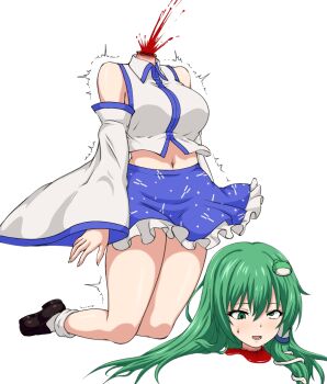 1girl bare_shoulders blood blush breasts corpse death decapitation frog_hair_ornament green_eyes green_hair guro hair_ornament kochiya_sanae large_breasts long_hair midriff navel open_mouth ryonasuki simple_background skirt solo touhou white_background