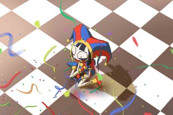 1girl absurdres asymmetrical_gloves black_hair blue_gloves blue_shorts confetti gloves grimmie02 hat highres jester jester_cap mismatched_gloves multicolored_eyes pomni_(the_amazing_digital_circus) red_gloves red_shorts short_hair shorts sitting striped_clothes striped_headwear the_amazing_digital_circus
