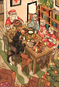3boys 3girls animal_ears beard black_hair blonde_hair book bookshelf bottle brown_hair carpet cat_ears cat_girl cat_tail chair chicken_(food) chicken_leg chilchuck_tims christmas christmas_sweater christmas_tree dinner dungeon_meshi facial_hair falin_touden food full_beard hat highres indoors izutsumi laios_touden long_beard long_hair marcille_donato meat medium_hair multiple_boys multiple_girls plant pointy_ears potted_plant santa_costume santa_hat senshi_(dungeon_meshi) serving short_hair slice_of_life tail takeuchi_ryousuke white_hair