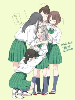Rule 34 | 5girls, arms around waist, black hair, blue eyes, bowtie, brown hair, chibikko (morihito), collared shirt, full body, green background, green bow, green bowtie, grey hair, grey socks, harem, height difference, highres, kneehighs, morihito, multiple girls, open mouth, original, pleated skirt, ponytail, school uniform, shirt, shirt tucked in, shoes, simple background, skirt, sleeves rolled up, socks, standing, thick eyebrows, webp-to-png conversion, white shirt, yuri