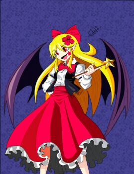 Rule 34 | 1girl, bat wings, blonde hair, bow, elis (touhou), facial mark, fang, flower, hair flower, hair ornament, highly responsive to prayers, highres, long hair, long sleeves, oni1994, open mouth, pointy ears, red bow, red eyes, ribbon, shirt, skirt, smile, solo, star (symbol), touhou, touhou (pc-98), vest, wand, wings
