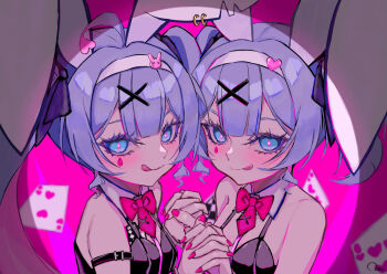 2girls :p ace_(playing_card) ace_of_hearts ahoge animal_ear_hairband animal_ears arm_belt bare_shoulders black_bra black_leotard blue_eyes blue_hair blush bow bowtie bra card clone colored_eyelashes commentary detached_collar ear_piercing eyelashes facial_mark fake_animal_ears fang fingernails hair_ornament hair_ribbon hairband hatsune_miku heart heart-shaped_pupils leotard long_fingernails long_hair looking_at_viewer multicolored_eyes multicolored_hair multiple_girls object_in_bra piercing pink_background pink_bow pink_bowtie pink_nails playboy_bunny playing_card rabbit_ear_hairband rabbit_ears rabbit_hole_(vocaloid) rabbit_symbol rei_(rei_270) ribbon short_twintails simple_background skin_fang symbol-shaped_pupils teardrop_facial_mark tongue tongue_out twintails underwear upper_body very_long_hair vocaloid wrist_cuffs x_hair_ornament x_x