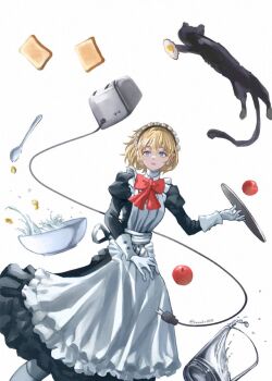 1girl aigis_(persona) alternate_costume android apple apron black_dress blonde_hair blue_eyes bow bowl bread bread_slice cable cat cereal commentary_request double-parted_bangs dress egg_(food) feet_out_of_frame floating_food food fried_egg fruit glass gloves hair_between_eyes highres holding holding_tray juliet_sleeves kuzuko0503 long_sleeves looking_ahead maid maid_headdress milk parted_lips persona persona_3 puffy_sleeves red_bow robot_ears short_hair simple_background socks spoon toast toaster tray twitter_username water white_apron white_background white_gloves white_socks