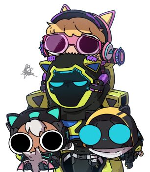 1boy 3girls :3 absurdres animal animal_ear_headphones animal_ears animal_hood annoyed apex_legends baseball_cap bat_(animal) black_bodysuit black_eyes black_gloves black_hat black_jacket blonde_hair blue_eyes bodysuit carrying cat_ear_headphones cat_ears cat_hood chibi dark-skinned_female dark_skin echo_(apex_legends) fake_animal_ears frown gloves hat headphones highres holding holding_animal hood humanoid_robot jacket kawaii_kitty_wattson leaning_forward mask mechanical_ears miyan_(oceanmaiden) multiple_girls night_cat_vantage nine_lives_revenant official_alternate_costume piggyback pink-tinted_eyewear purple_gloves revenant_(apex_legends) robot simulacrum_(titanfall) spoken_squiggle squiggle sunglasses tinted_eyewear vantage_(apex_legends) void_prowler_wraith wattson_(apex_legends) white_background wraith_(apex_legends)