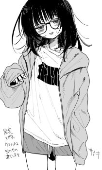 1girl bags_under_eyes commentary_request glasses greyscale highres jacket long_hair looking_at_viewer messy_hair mojyo monochrome open_clothes open_jacket open_mouth original sakakitamo shirt shorts smile solo translation_request