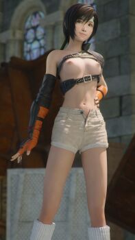 1girl 3d absurdres belt breasts brown_eyes buckle closed_mouth elbow_gloves female_focus final_fantasy final_fantasy_vii final_fantasy_vii_remake fingerless_gloves gloves hand_on_own_hip highres kallenz legs navel nipples short_hair shorts small_breasts solo square_enix standing stomach thighs unbuttoned open_fly yuffie_kisaragi