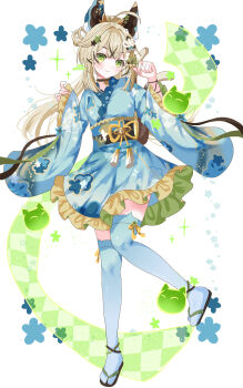 1girl absurdres alternate_costume bell blonde_hair blue_kimono blue_thighhighs blush cat_tail closed_mouth commentary_request floral_print floral_print_kimono genshin_impact green_eyes hair_bell hair_between_eyes hair_ornament hands_up highres hitsuki_(ruon) japanese_clothes jingle_bell kimono kimono_dress kimono_skirt kirara_(genshin_impact) long_hair looking_at_viewer multiple_tails print_kimono sandals solo tail tassel textless_version thighhighs two_tails very_long_hair zouri