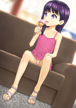 Rule 34 | 1girl, absurdres, bare legs, couch, dress, dutch angle, eating, female focus, food, highres, holding, holding food, holding ice cream, ice cream, long hair, looking to the side, ogyadya, open mouth, original, paid reward available, panties, panty peek, pink dress, purple eyes, purple hair, sandals, sitting, sleeveless, sleeveless dress, solo, spaghetti strap, teeth, thighs, toes, tongue, tongue out, underwear, upper teeth only, white sandals