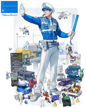 1boy 1girl absurdly_detailed_composition absurdres adobe_acrobat adobe_after_effects adobe_bridge adobe_photoshop aircraft avast! belt bicycle bird blender_(software) blue_eyes blue_hair blue_screen_of_death blue_shirt box_truck car clip_studio_paint commentary duolingo dynamite english_commentary english_text explosive facebook full_body gloves google_chrome grey_belt grey_footwear hand_up hat helicopter highres holding holding_stick instagram kakaotalk kei_truck light_stick long_sleeves male_focus microsoft_excel microsoft_teams microsoft_windows minecraft minecraft_pickaxe motor_vehicle motorcycle naver_(website) obs_studio original pants peaked_cap pickaxe pinterest profile_picture qr_code rinotuna scooter shirt shoes solo_focus spotify standing steam_(platform) stick traffic_cone truck utility_vest vehicle_request vest whistle whistling white_gloves white_pants windows_10