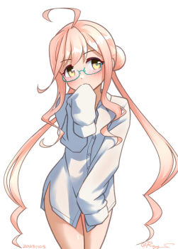 1girl ahoge blush cowboy_shot double_bun glasses hair_bun kantai_collection long_hair long_sleeves looking_at_viewer makigumo_(kancolle) naked_shirt no_pants one-hour_drawing_challenge pink_hair ray.s shirt sleeves_past_wrists solo twintails white_shirt yellow_eyes