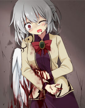 1girl absurdres angel_wings bleeding blood blood_from_mouth blood_on_clothes blood_on_hands bloody_wings bow bowtie crying crying_with_eyes_open dress feathered_wings furrowed_brow grey_hair guro highres jacket kishin_sagume long_sleeves looking_at_viewer one_eye_closed open_clothes open_jacket red_bow red_eyes ryona single_wing sweatdrop tears touhou tsuukinkaisoku_oomiya white_wings wings