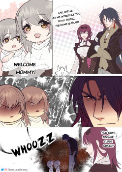 2boys 2girls age_difference artist_name barabin black_hair blade_(honkai:_star_rail) caelus_(honkai:_star_rail) english_text eyewear_on_head grey_hair hashtag-only_commentary highres honkai:_star_rail honkai_(series) instagram_logo instagram_username kafka_(honkai:_star_rail) long_hair long_sleeves looking_down looking_up multiple_boys multiple_girls purple_eyes purple_hair red_eyes shirt speech_bubble stelle_(honkai:_star_rail) sunglasses trailblazer_(honkai:_star_rail) twitter_logo white_shirt yellow_eyes