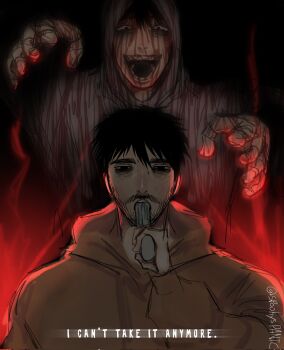 2boys bags_under_eyes beard black_eyes black_hair blood blood_from_forehead blood_on_face blood_on_hands constricted_pupils crazy_grin cry_of_fear dual_persona english_text facial_hair glowing grabbing_from_behind gradient_background grey_hoodie gun gun_to_head gun_to_mouth highres holding holding_gun holding_weapon hood hood_down hood_up hoodie imminent_suicide looking_at_viewer messy_hair multiple_boys open_mouth panickedintig reaching reaching_towards_another short_hair simon_henriksson simon_henriksson_(book) teeth upper_body upper_teeth_only weapon yellow_hoodie