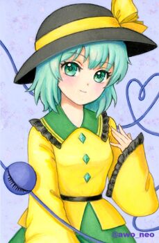 1girl awo_neo black_hat blush bow buttons closed_mouth collared_shirt commentary_request diamond_button eyeball frilled_shirt_collar frilled_sleeves frills green_eyes green_hair green_skirt hat hat_bow heart heart_of_string komeiji_koishi light_smile long_sleeves looking_at_viewer shirt skirt solo third_eye touhou traditional_media twitter_username wide_sleeves yellow_bow yellow_shirt