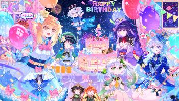1boy 5girls :d :q ;) absurdres aerial_fireworks ahoge ascot asymmetrical_gloves balloon bare_shoulders beret black_gloves black_hair blonde_hair bloomers blue_ascot blue_bow blue_cape blue_dress blue_eyes blue_hat blue_jacket blue_pupils blue_streaks blue_wrist_cuffs bow braid breasts brown_hair cake cake_slice cape character_doll cleavage closed_mouth commentary_request crown cup detached_sleeves doll dress drop-shaped_pupils fireworks floating food fork frilled_wrist_cuffs frills furina_(genshin_impact) genshin_impact gloves gold_trim gradient_hair green_eyes green_hair green_hat green_sleeves hair_between_eyes hair_ornament halo happy_birthday hat heterochromia highres holding holding_cup holding_fork holding_plate jacket japanese_clothes kimono leaf_hair_ornament long_hair long_sleeves lumine_(genshin_impact) mavuika_(genshin_impact) medium_breasts mismatched_gloves multicolored_hair multiple_girls nahida_(genshin_impact) one_eye_closed open_mouth paimon_(genshin_impact) plate pointy_ears puffy_short_sleeves puffy_sleeves purple_bow purple_eyes purple_hair purple_kimono raiden_shogun red_bow red_hair short_hair_with_long_locks short_sleeves side_ponytail sitting sleeveless sleeveless_dress smile star-shaped_pupils star_(symbol) symbol-shaped_pupils table thigh_strap tongue tongue_out twin_braids underwear venti_(genshin_impact) very_long_hair viclim-monou wariza white_bloomers white_dress white_gloves white_hair wrist_cuffs yellow_eyes zhongli_(genshin_impact)