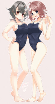 2girls absurdres ahoge bare_legs barefoot black_hair blue_one-piece_swimsuit blush braid braided_hair_rings breasts brown_hair chougei_(kancolle) competition_school_swimsuit competition_swimsuit dated full_body grey_eyes hair_flaps hair_ornament hair_rings hairclip highres jingei_(kancolle) kantai_collection large_breasts long_hair looking_at_viewer low_ponytail mf_u_c multiple_girls one-piece_swimsuit open_mouth pink_background ponytail red_eyes school_swimsuit signature smile swimsuit twin_braids twitter_username whale_hair_ornament