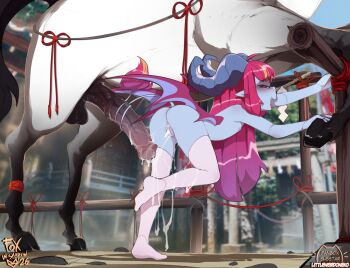 1girl :d aftersex animal_penis bent_over bestiality blue_skin blush chinese_zodiac colored_skin commentary cum cum_in_pussy demon_girl demon_horns demon_tail demon_wings english_commentary fanbox_username flat_chest foxinshadow full_body highres horns horse horse_penis loli long_hair open_mouth original outdoors penis pink_hair smile subscribestar_username tail tail_wrap thighhighs uncensored veins veiny_penis vienna_(foxinshadow) white_thighhighs wings year_of_the_horse