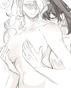 2girls absurdres ceres_fauna closed_mouth collarbone commentary completely_nude couple english_commentary flower grabbing_another&#039;s_breast grabbing_from_behind grey_hair groping hair_flower hair_ornament heart highres hololive hololive_english looking_at_another mochiparrot monochrome multiple_girls nude ouro_kronii sketch smile spoken_heart yuri