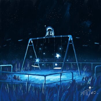 1other absurdres animate_object artist_name astronaut backpack bag commentary fish flying_fish gloves glowing grass helmet highres kazunoko_(kazunoko_zunoco) looking_down night night_sky on_swing original outdoors radio_antenna railing signature sitting sky space_helmet spacesuit star_(sky) star_(symbol) starry_sky swing swing_set white_gloves