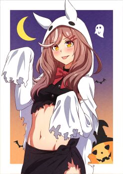 1girl animal_ears bat_(animal) black_shirt black_skirt blush bow breasts brown_hair crescent_moon ghost ghost_costume hair_ornament hairclip halloween halloween_costume hat highres hood hood_up horse_ears horse_girl jack-o&#039;-lantern long_hair looking_at_viewer masaki_(masaki_470) matikanetannhauser_(umamusume) moon multicolored_hair navel pumpkin red_bow shirt skirt sleeves_past_fingers sleeves_past_wrists smile solo stomach streaked_hair tongue tongue_out torn_clothes torn_shirt umamusume witch_hat yellow_eyes