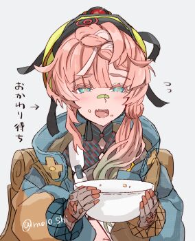 1girl backpack bag bandaid bandaid_on_face bandaid_on_nose blue_eyes bowl brown_gloves brown_hair coat commentary_request fang fate/grand_order fate_(series) food food_on_face gloves grey_background highres holding holding_bowl long_hair mining_helmet shimogamo_(shimomo_12) translation_request van_gogh_(fate) van_gogh_(miner)_(fate)