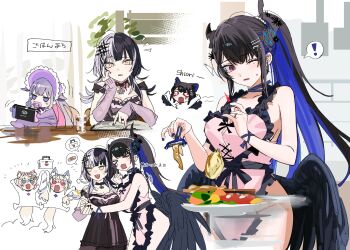Rule 34 | !, > <, 5girls, absurdres, animal ears, apron, arm warmers, baby, bandaid, black choker, black flower, black hair, black horns, black nails, black nightgown, black wings, blue eyes, blue hair, blue nails, blush stickers, book, breasts, brown hair, cat ears, chibi, chibi inset, choker, closed eyes, colored inner hair, cowboy shot, crying, cup, demon horns, dog ears, dog girl, dog tail, drinking glass, feathered wings, first aid kit, flower, frilled apron, frills, fuwawa abyssgard, grey hair, hair ornament, hairclip, handheld game console, heart, highres, holding, holding handheld game console, holding peeler, holoadvent, hololive, hololive english, horn flower, horns, jewelry, kemonomimi mode, koseki bijou, large breasts, long hair, low wings, mococo abyssgard, mole, mole under eye, multicolored hair, multiple girls, nail polish, naked apron, nerissa ravencroft, nightgown, notice lines, one eye closed, onesie, open book, open mouth, pacifier, parallel hairclips, peeler, pink apron, pink arm warmers, pink eyes, pink hair, ponytail, puff of air, purple eyes, purple hair, red eyes, ring, salad, shiori novella, shiori novella (sleepwear), sleepwear, small sweatdrop, solid eyes, split-color hair, spoken exclamation mark, spoken object, standing, streaked hair, tail, tearing up, translation request, two-tone hair, very long hair, virtual youtuber, wings, yomosaka