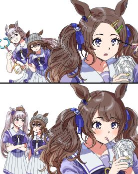 Rule 34 | 3girls, alternate hairstyle, animal ears, applying makeup, applying own makeup, atto (jtkc7824), beanie, blue nails, blue ribbon, blunt bangs, blush, bow, brown hair, brown hat, closed mouth, commentary request, crossed arms, earmuffs, gold ship (umamusume), grey hair, grey hat, grin, hair ornament, hair ribbon, hairclip, hat, highres, horse ears, horse girl, horse tail, long hair, looking at another, multiple girls, nakayama festa (umamusume), one eye closed, open mouth, parted lips, pillbox hat, pleated skirt, purple bow, purple nails, purple shirt, ribbon, sailor collar, school uniform, shirt, short sleeves, sidelocks, skirt, smile, tail, tosen jordan (umamusume), tracen school uniform, twintails, umamusume, white sailor collar, white skirt, yellow nails