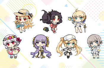 1boy 6+girls ahoge aqua_eyes artoria_caster_(fate) artoria_caster_(swimsuit_berserker)_(first_ascension)_(fate) artoria_pendragon_(fate) artoria_pendragon_(swimsuit_archer)_(fate) artoria_pendragon_(swimsuit_archer)_(first_ascension)_(fate) bb_(fate) bb_dubai_(fate) bikini black_dress black_hair blonde_hair blue_eyes bracelet braid braided_hair_rings breasts chibi chocomirukuaji cleavage commentary_request dress ereshkigal_(fate) ereshkigal_(swimsuit_beast)_(fate) excalibur_(fate/stay_night) fate/grand_order fate_(series) food grey_hair hair_rings hands_in_pockets hat head_wreath holding holding_food holding_popsicle hood hooded_jacket innertube ishtar_(fate) ishtar_(swimsuit_rider)_(fate) jacket jewelry kama_(fate) kama_(first_ascension)_(fate) kama_(swimsuit_avenger)_(first_ascension)_(fate) kama_(young)_(fate) large_breasts long_hair multiple_girls navel oberon_(fate) oberon_(refreshing_summer_prince)_(fate) one-piece_swimsuit pink_hair popsicle purple_eyes purple_hair red_eyes shorts shrug_(clothing) single_braid small_breasts sun_hat super_soaker swim_ring swimsuit sword twintails two_side_up very_long_hair weapon white_jacket white_shorts white_shrug