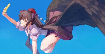 Rule 34 | 1girl, black necktie, blue sky, brown eyes, brown hair, brown wings, camera, cellphone, closed mouth, collared dress, commentary, day, dress, feathered wings, flip phone, hat, highres, himekaidou hatate, hirachill16, holding, holding camera, holding phone, long hair, necktie, phone, pointy ears, pom pom (clothes), puffy short sleeves, puffy sleeves, purple shirt, purple skirt, red hat, shirt, short sleeves, skirt, sky, smile, solo, tokin hat, touhou, twintails, wings