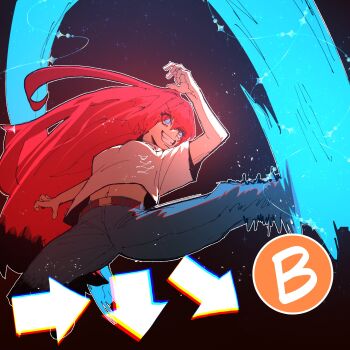 1girl aozaki_aoko blue_eyes blue_pants breasts clenched_teeth command_input denim fighting_game full_body highres kicking long_hair medium_breasts melty_blood midair pants red_hair shirt solo teeth tsukihime white_shirt yohanwrks