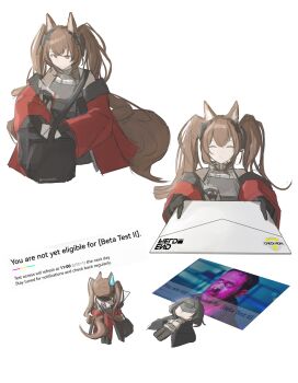 2girls absurdres angelina_(arknights) animal_ears arknights arknights:_endfield bag bandage_on_nose belt black_bag black_coat black_gloves black_hair black_pantyhose blade_runner_(series) blade_runner_2049 blindfold_mask brown_hair coat delivery dot_nose dress endministrator_(arknights) envelope failure female_endministrator_(arknights) fox_ears fox_girl fox_tail full_body gilberta_(arknights) gloves goslingposting_(meme) grey_dress hands_on_own_chest hashtag-only_commentary high_belt high_collar highres holding holding_envelope invisible_floor k_(blade_runner_2049) long_hair long_sleeves lying mask meme messenger_bag multiple_girls multiple_views off_shoulder on_back own_hands_together pantyhose photo_inset red_coat shoulder_bag simple_background smile sweatdrop sweater tail twintails twitter_username vincentime white_background white_sweater you_look_lonely_(meme)