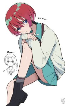 Rule 34 | 1girl, absurdres, akagi natsuichi, amate yuzuriha, aqua eyes, aqua shirt, aqua skirt, boots, closed mouth, commentary request, earrings, eyes visible through hair, foot out of frame, frown, gundam, gundam gquuuuuux, highres, jewelry, knee up, legs, long sleeves, looking at viewer, necktie, red hair, school uniform, shirt, short hair, simple background, sitting, skirt, socks, solo, stud earrings, sweater, translation request, white background