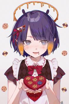 Rule 34 | 1girl, :d, absurdres, alternate costume, ani 019, apron, black shirt, blunt bangs, blush, bow, bowtie, box, box of chocolates, chocolate chip cookie, commentary, cookie, english commentary, food, food on face, frilled apron, frills, gradient hair, hair ornament, hair ribbon, halo, hands up, heart, heart hair ornament, highres, holding, holding box, hololive, hololive english, looking at viewer, melting, mole, mole under eye, multicolored hair, nervous sweating, ninomae ina'nis, open mouth, orange hair, pointy ears, purple hair, red bow, red bowtie, red ribbon, ribbon, shirt, short hair, simple background, smile, solo, sweat, swept bangs, takodachi (ninomae ina'nis), tentacle hair, upper body, virtual youtuber, white background