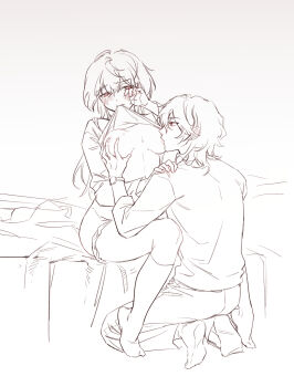 1boy 1girl absurdres bed blush breast_sucking breasts clothes_lift ele_fudiann ensemble_stars! genderswap genderswap_(mtf) grabbing_another&#039;s_breast greyscale groping hetero highres incest kneehighs kneeling long_hair long_sleeves looking_at_another monochrome mouth_hold on_bed pants sakuma_rei_(ensemble_stars!) sakuma_ritsu shirt shirt_lift sitting skirt socks underwear watch wristwatch