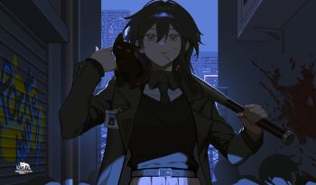 1girl 2others absurdres backlighting baseball_bat belt black_hair blood blood_on_face blood_splatter building cat chain-link_fence cigarette collared_shirt english_text fence graffiti hair_between_eyes highres holding holding_baseball_bat id_card izsly jacket long_hair looking_at_viewer multiple_others necktie night original outdoors petting scenery shirt skirt skyscraper smoking standing upper_body vest yellow_eyes