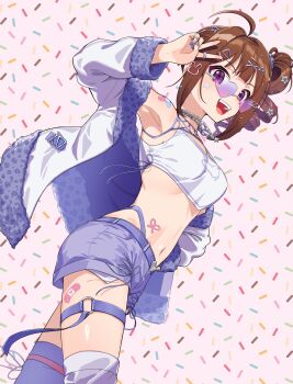 Rule 34 | 1girl, :d, ahoge, arm up, brown hair, commentary request, cowboy shot, drill hair, dutch angle, heart, heart-shaped eyewear, highres, idolmaster, idolmaster million live!, idolmaster million live! theater days, kamille (vcx68), long sleeves, looking at viewer, open clothes, open mouth, purple eyes, short shorts, shorts, side drill, side ponytail, sidelocks, smile, solo, thigh strap, v, yokoyama nao