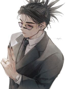 Rule 34 | 1boy, 28cg, bespectacled, black hair, black jacket, black nails, black necktie, choso (jujutsu kaisen), closed mouth, commentary, earrings, facial mark, formal clothes, glasses, highres, jacket, jewelry, jujutsu kaisen, kuji-in, lapels, long sleeves, male focus, nail polish, necktie, notched lapels, piercing, shirt, short hair, signature, simple background, solo, untranslatable commentary, upper body, white background, white shirt, wing collar