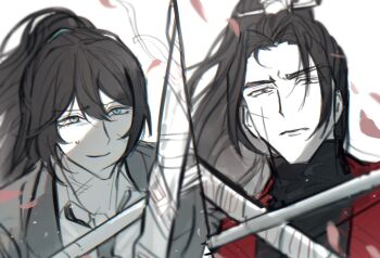 2boys black_eyes black_hair black_hanfu blue_eyes chanil_(muexlku) chinese_clothes collared_shirt double-parted_bangs falling_petals grey_eyes hair_between_eyes hair_ornament hair_tie hairpin hanfu heterochromia high_collar high_ponytail highres holding holding_staff holding_weapon hong_lu_(project_moon) jia_qiu_(project_moon) limbus_company long_hair looking_at_another looking_at_viewer male_focus multiple_boys partially_colored petals ponytail project_moon red_scarf scar scar_on_face scarf serious shirt sidelocks split_screen staff stole sweatdrop upper_body weapon white_background white_shirt