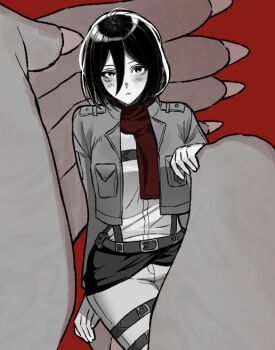 1boy 1girl alternate_form belt belt_buckle black_hair blush buckle closed_mouth cowboy_shot eren_yeager giant giant_male gomamorii hair_between_eyes in_palm jacket long_sleeves looking_at_viewer medium_hair mikasa_ackerman open_clothes open_jacket pants paradis_military_uniform pov pov_hands red_background red_scarf scarf shingeki_no_kyojin skirt suspenders thigh_strap transformation