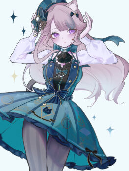 1girl absurdres animal_ear_fluff animal_ears black_pantyhose bow breasts brown_hair cat_ears cat_girl cat_tail commentary_request cowboy_shot dress dress_bow facial_tattoo genshin_impact green_dress green_hat hair_ornament hands_up hat highres long_hair long_sleeves looking_at_viewer lynette_(genshin_cafe_in_seoul)_(genshin_impact) lynette_(genshin_impact) medium_breasts official_alternate_costume ow_176 pantyhose parted_lips purple_eyes simple_background solo star_(symbol) star_tattoo tail tattoo