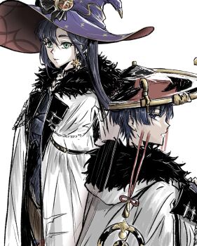 1boy 1girl aiguillette alternate_costume artist_name asymmetrical_bangs black_hair black_hat black_ribbon blunt_ends brown_pantyhose closed_mouth coat crescent crescent_hat_ornament crossed_arms earrings eyelashes eyeliner eyeshadow fatui_coat from_behind fur-trimmed_coat fur_collar fur_trim genshin_impact gold gold_earrings gold_trim green_eyes hair_between_eyes hair_ribbon hashtag-only_commentary hat hat_ornament highleg highleg_leotard highres jewelry jingasa kacchan_09 lapels leotard long_hair looking_at_viewer looking_back makeup mona_(genshin_impact) open_clothes open_coat open_mouth pantyhose parted_bangs purple_eyes purple_hat purple_leotard red_eyeliner red_eyeshadow red_hat red_lips ribbon scaramouche_(genshin_impact) sidelocks star_(symbol) star_earrings star_hat_ornament star_print tsurime twintails two-sided_fabric two-sided_headwear two-tone_hat white_background white_coat white_mouth witch_hat