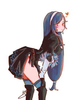 1girl 2b_(nier:automata) 2b_(nier:automata)_(cosplay) black_boots black_dress black_gloves black_hair blush boots breasts cleavage_cutout closed_mouth clothing_cutout commentary cosplay dress earrings feather-trimmed_sleeves feet_out_of_frame final_fantasy final_fantasy_vii final_fantasy_vii:_ever_crisis from_side gloves hairband hand_on_own_leg heart highres jewelry leaning_forward leotard leotard_under_clothes long_hair looking_at_viewer looking_to_the_side low-tied_long_hair medium_breasts nier:automata nier_(series) official_alternate_costume red_eyes side_slit signature simple_background single_earring solo swept_bangs teardrop_earrings thighhighs thighhighs_under_boots thighs tifa_lockhart tifa_lockhart_(battler_ensemble) turtleneck turtleneck_dress white_background white_hairband xainaa