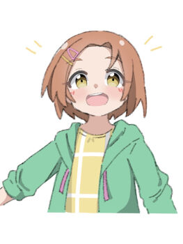 Rule 34 | 1girl, :d, blush, brown eyes, brown hair, commentary request, drawstring, forehead, green jacket, hair ornament, hairclip, highres, hood, hood down, hooded jacket, idolmaster, idolmaster cinderella girls, idolmaster cinderella girls u149, jacket, kapuru 0410, long sleeves, looking at viewer, notice lines, open clothes, open jacket, open mouth, parted bangs, ryuzaki kaoru, shirt, short hair, simple background, smile, solo, upper body, white background, yellow shirt