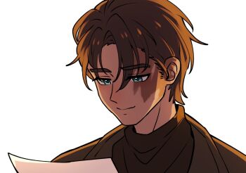 Rule 34 | 1boy, black hair, black jacket, black neckerchief, blue eyes, burn scar, haihaiera, j (reverse:1999), jacket, male focus, neckerchief, paper, portrait, reading, reverse:1999, scar, scar on face, smile, solo, white background