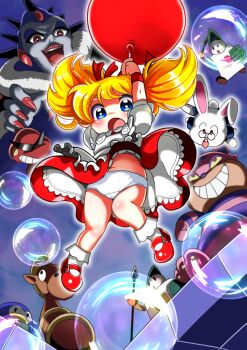 2girls alice_(marchen_maze) apron balloon bird blonde_hair blue_eyes bobby_socks cat commentary_request dress fingernails floating frilled_apron frills from_below furry heart hiro68 holding holding_balloon holding_polearm holding_weapon horse layered_dress lipstick looking_down makeup marchen_maze mary_janes multiple_girls mushroom nail_polish navel open_mouth panties penguin polearm rabbit red_dress red_eyes red_lips red_nails red_shoes round_eyewear sharp_fingernails shoes soap_bubbles socks spear spikes sunglasses twintails underwear weapon white_apron white_panties white_socks