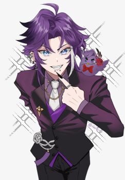 Rule 34 | 1boy, absurdres, alternate costume, alternate hair length (shorter), alternate hairstyle, animal, animal on shoulder, arm behind back, banzoin hakka, beak hold, bird, bird on shoulder, black jacket, black nails, black pants, black suit, blue eyes, buttons, chain, collared shirt, commentary, cowboy shot, ear piercing, face piercing, fangs, finger to own chin, fingernails, flower, flower in beak, formal clothes, grin, hakkito (banzoin hakka), highres, holostars, holostars english, ibisiro, jacket, jewelry, lapel pin, lip piercing, male focus, medium hair, mouth hold, multicolored hair, nail polish, necktie, one eye closed, pants, piercing, purple hair, purple shirt, purple vest, red flower, red rose, ring, rose, sharp fingernails, shirt, single hair streak, smile, snakebite (piercing), sparkle, sparkle background, suit, teeth, tsurime, untranslatable commentary, vest, virtual youtuber, white background, white hair, white necktie