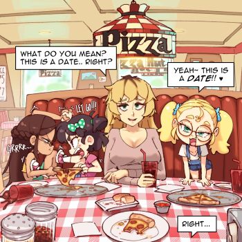 4girls :3 anger_vein badge blonde_hair breasts brown_hair cleavage crossed_arms dating english_text fang fighting food frown glasses green_eyes large_breasts long_hair looking_at_viewer mature_female medium_hair mesugaki mother_and_child mother_and_daughter multiple_girls original parent_and_child pizza pizza_hut pizza_slice pov purple_eyes raised_inner_eyebrows restaurant round_eyewear rtil semi-rimless_eyewear short_hair smile smoking smug speech_bubble